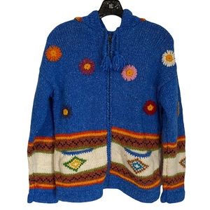 VTG Hand-Knit Floral Wool Zip-Up Hoodie - Boho Artisanal Blue